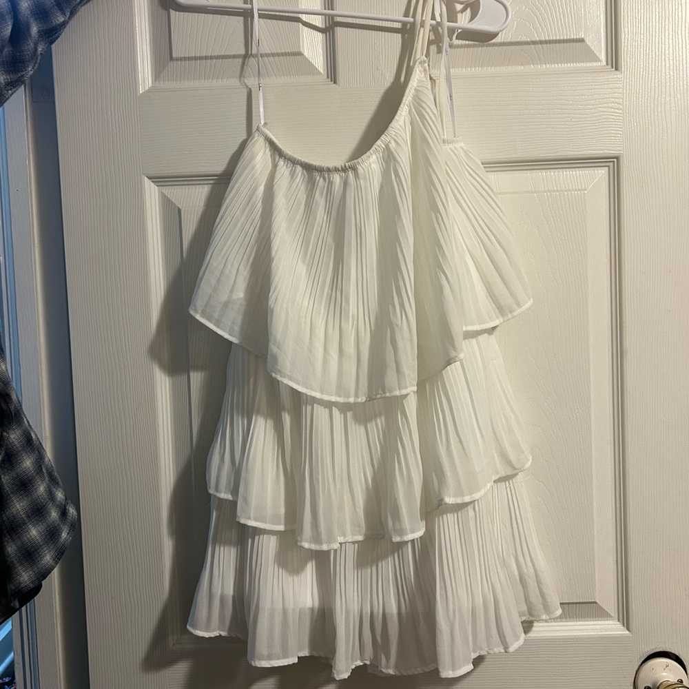 Lulu's Blowing Kisses White Pleated One-Shoulder Mini Dress